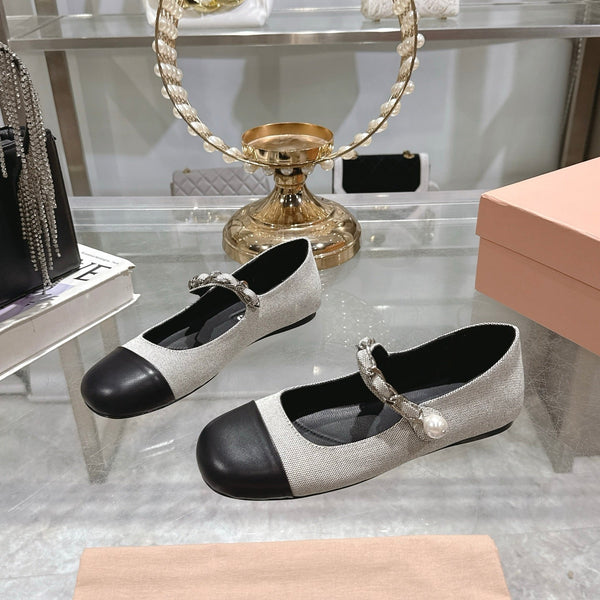Miu 25C Mary Jane Flat Beige Gray Mix Black Fabric 235370