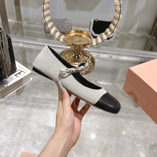 Miu 25C Mary Jane Flat Beige Gray Mix Black Fabric 235370