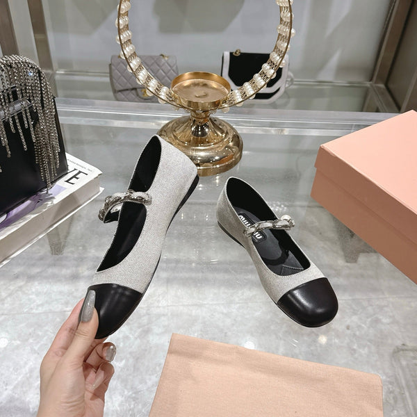 Miu 25C Mary Jane Flat Beige Gray Mix Black Fabric 235370