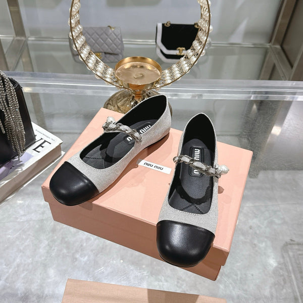 Miu 25C Mary Jane Flat Beige Gray Mix Black Fabric 235370