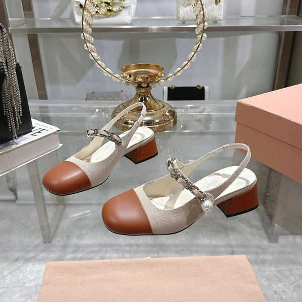Miu 25C Slingback Pump 45MM Beige Cream mix Brown Fabric 235371