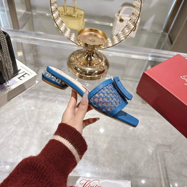 Viv 25 Hollow Square Buckle Slippers Blue Weaving Leather 263000