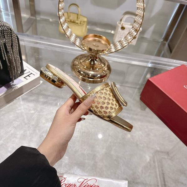 Viv 25 Hollow Square Buckle Slippers Gold Weaving Leather 263001