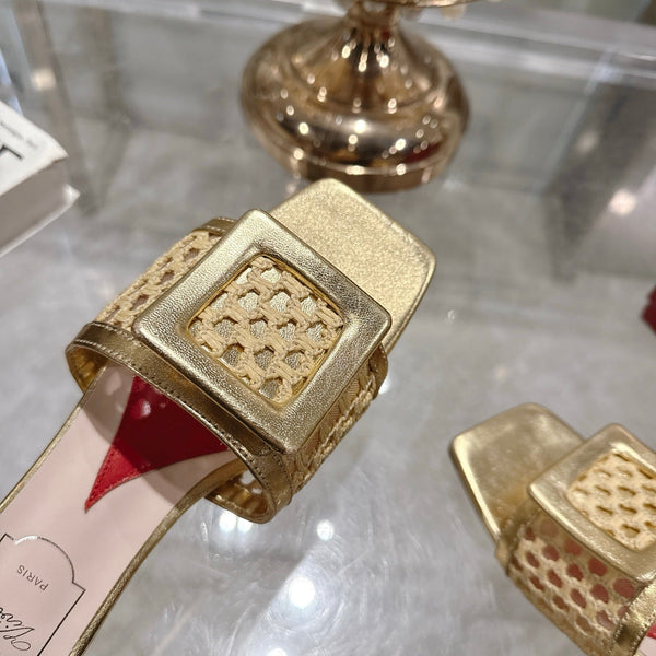 Viv 25 Hollow Square Buckle Slippers Gold Weaving Leather 263001