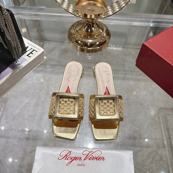 Viv 25 Hollow Square Buckle Slippers Gold Weaving Leather 263001