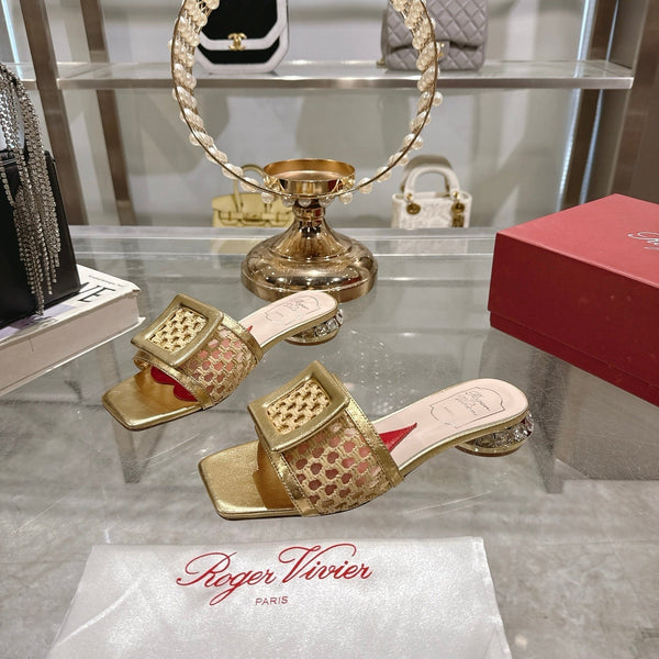 Viv 25 Hollow Square Buckle Slippers Gold Weaving Leather 263001