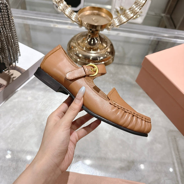 Miu Mary Jane Ballet Flats Camel Brown Calfskin 592045
