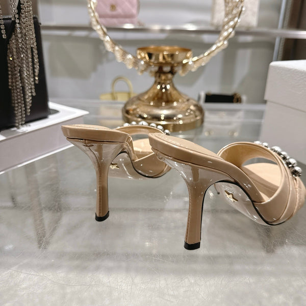 CC 26 Mules à Talon Haut 85mm Cuir Verni Beige Perle 592250