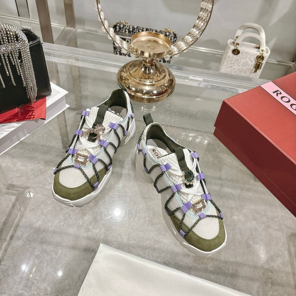 Roger Vivier Zag Sneakers White Olive Lace Suede 679799