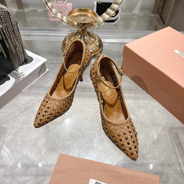 Miu 26s Strappy Pumps 7.5cm Brown Sheepskin 679777
