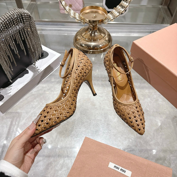 Miu 26s Strappy Pumps 7.5cm Brown Sheepskin 679777