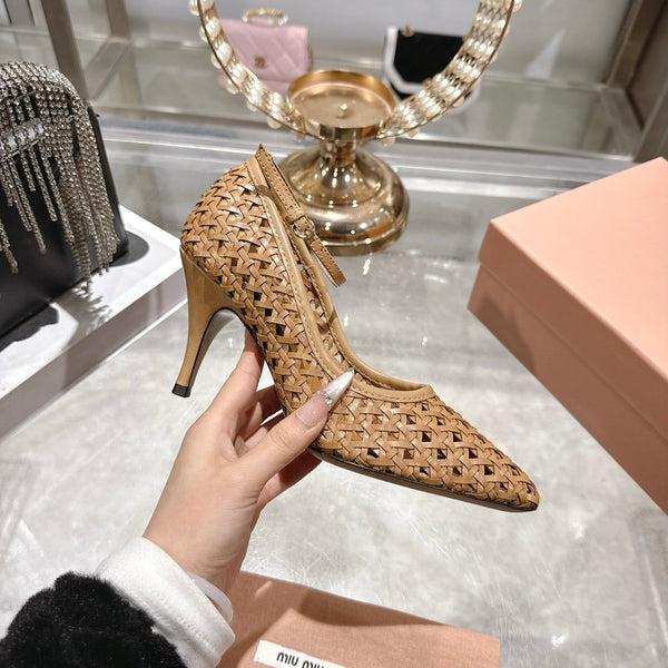 Miu 26s Strappy Pumps 7.5cm Brown Sheepskin 679777