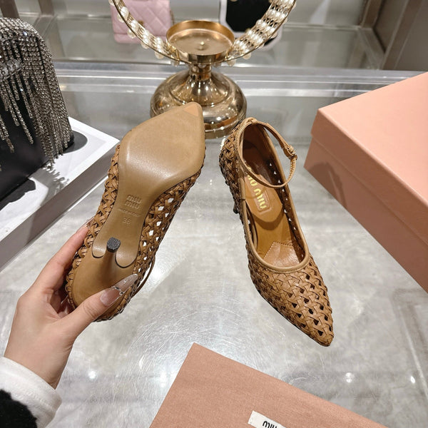 Miu 26s Strappy Pumps 7.5cm Brown Sheepskin 679777