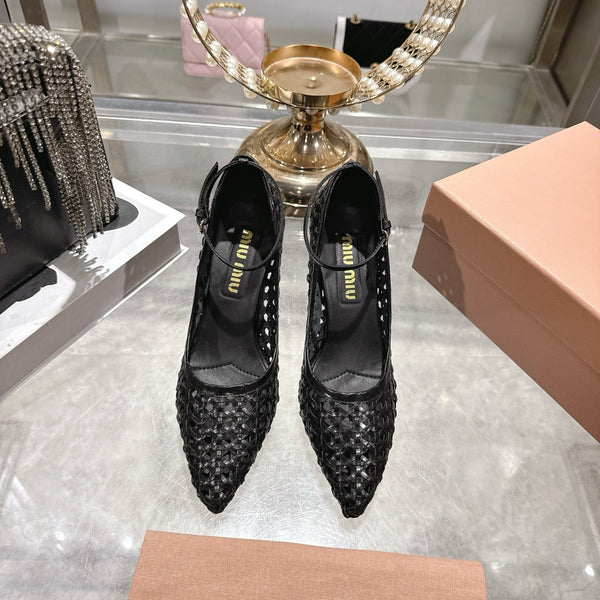 Miu 26s Strappy Pumps 7.5cm Black Sheepskin 679778