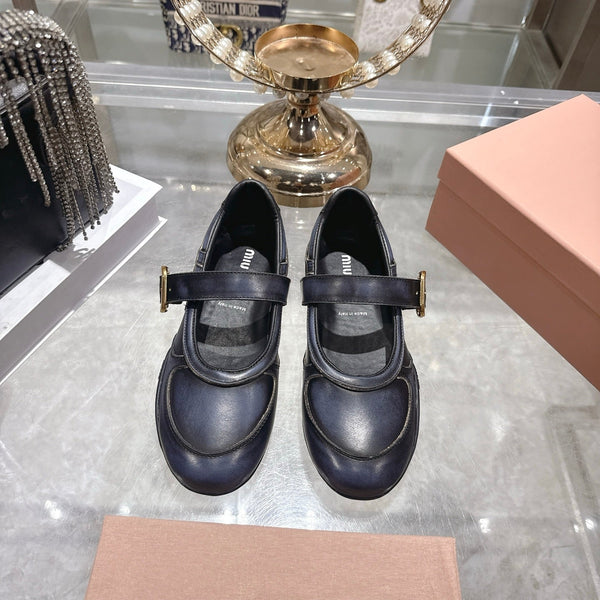 Miu 26s Gymnasium Ballerinas Navy Blue Leather 679783