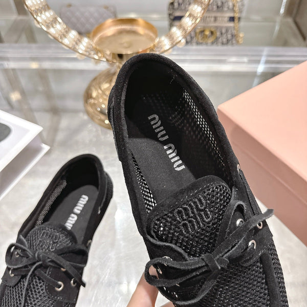 Miu 26s Boat Shoe Black Mesh Suede 679793