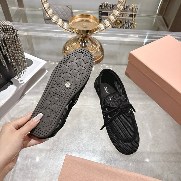 Miu 26s Boat Shoe Black Mesh Suede 679793