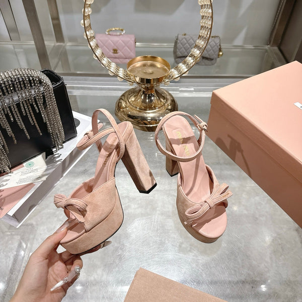 Miu Platform Sandal 12cm With Bow Light Pink Suede 751318