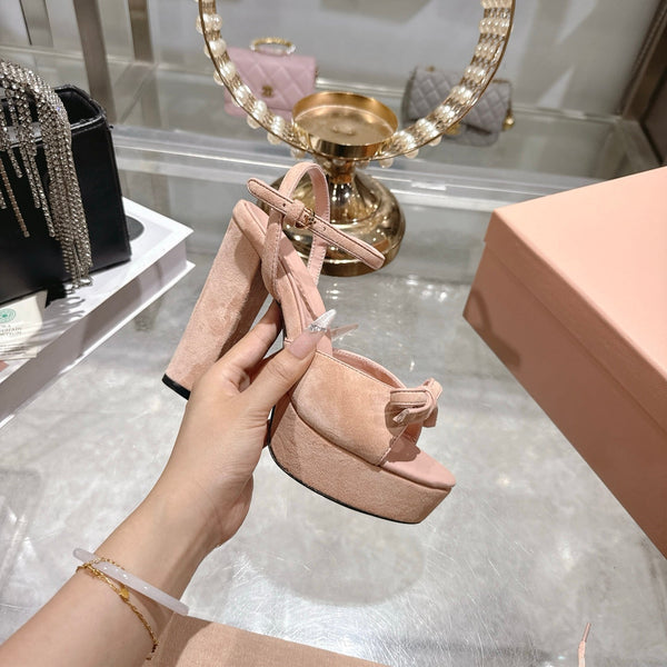 Miu Platform Sandal 12cm With Bow Light Pink Suede 751318