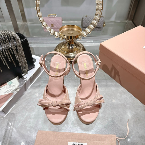Miu Platform Sandal 12cm With Bow Light Pink Suede 751318