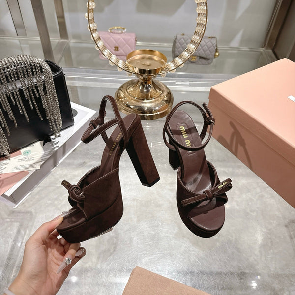 Miu Platform Sandal 12cm With Bow Coffee Suede 751319