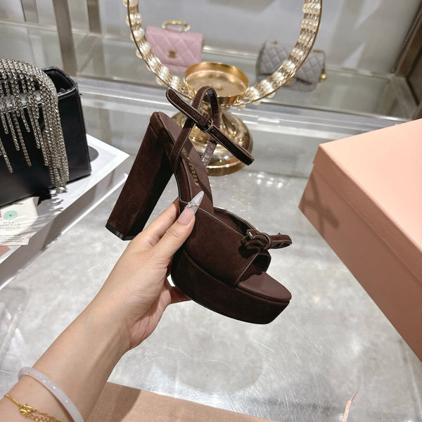 Miu Platform Sandal 12cm With Bow Coffee Suede 751319