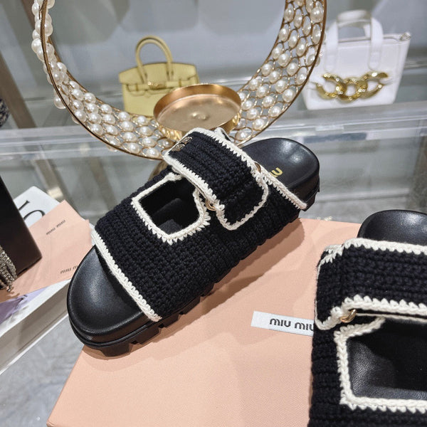 Miu Crochet Sandals Black White Woven 751359