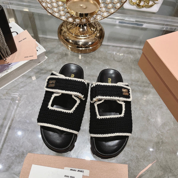 Miu Crochet Sandals Black White Woven 751359