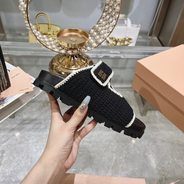 Miu Crochet Sandals Black White Woven 751359