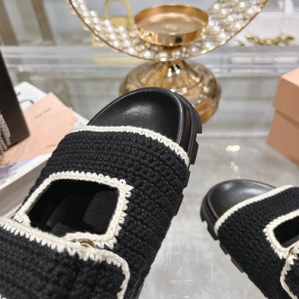 Miu Crochet Sandals Black White Woven 751359