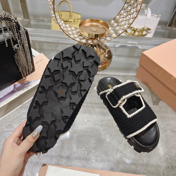 Miu Crochet Sandals Black White Woven 751359