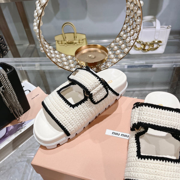 Miu Crochet Sandals Black White Woven 751361