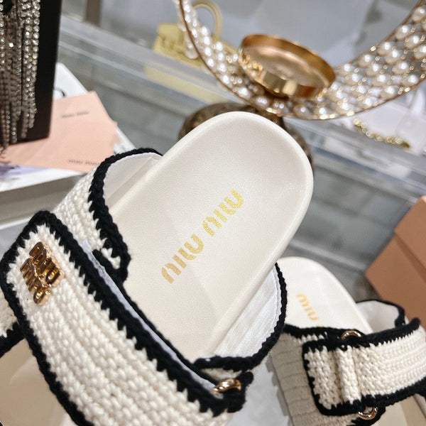 Miu Crochet Sandals Black White Woven 751361