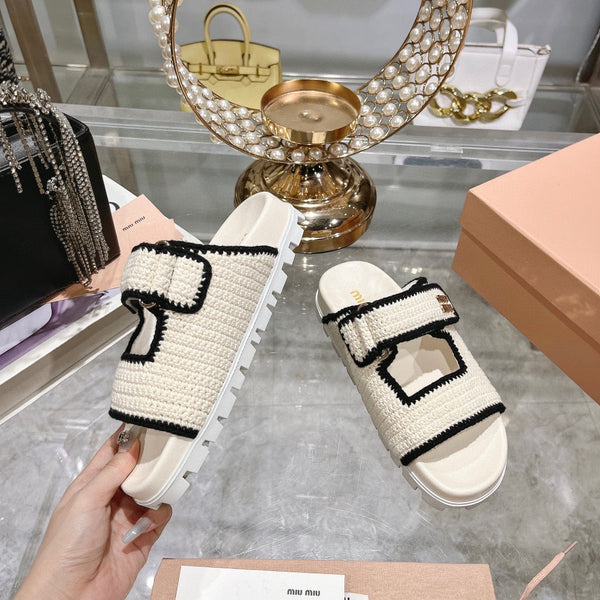 Miu Crochet Sandals Black White Woven 751361