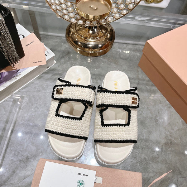 Miu Crochet Sandals Black White Woven 751361