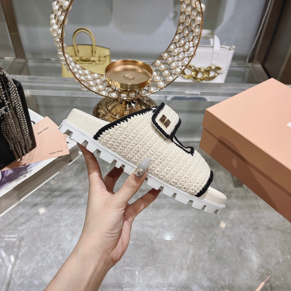 Miu Crochet Sandals Black White Woven 751361