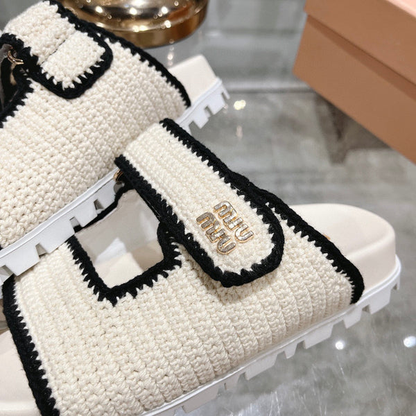 Miu Crochet Sandals Black White Woven 751361