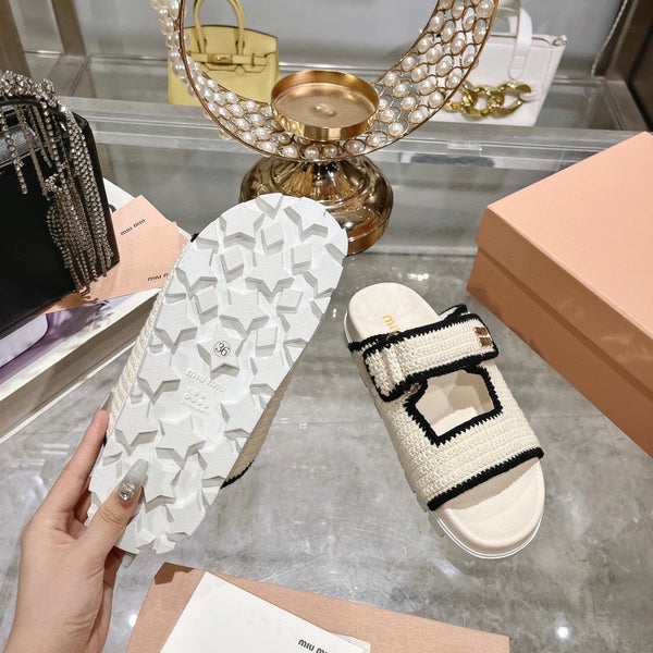 Miu Crochet Sandals Black White Woven 751361