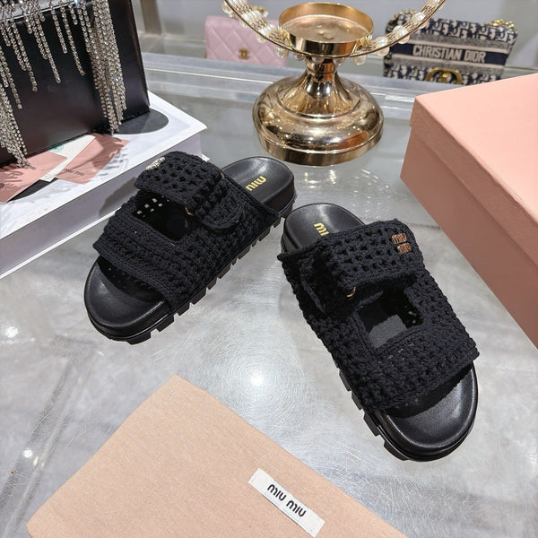 Miu Crochet Sandals Black Woven 751362