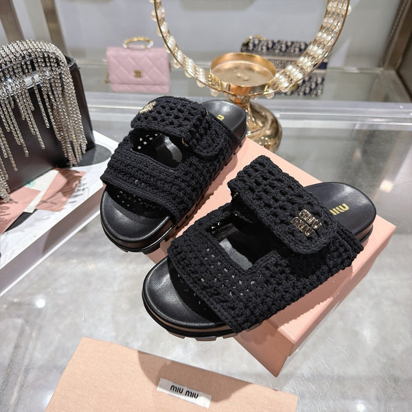 Miu Crochet Sandals Black Woven 751362