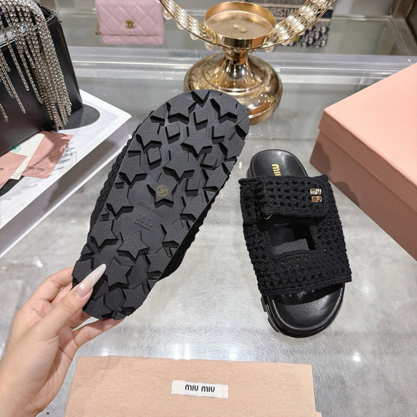 Miu Crochet Sandals Black Woven 751362