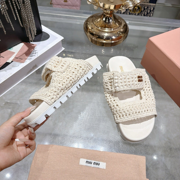Miu Crochet Sandals Cream Woven 751363