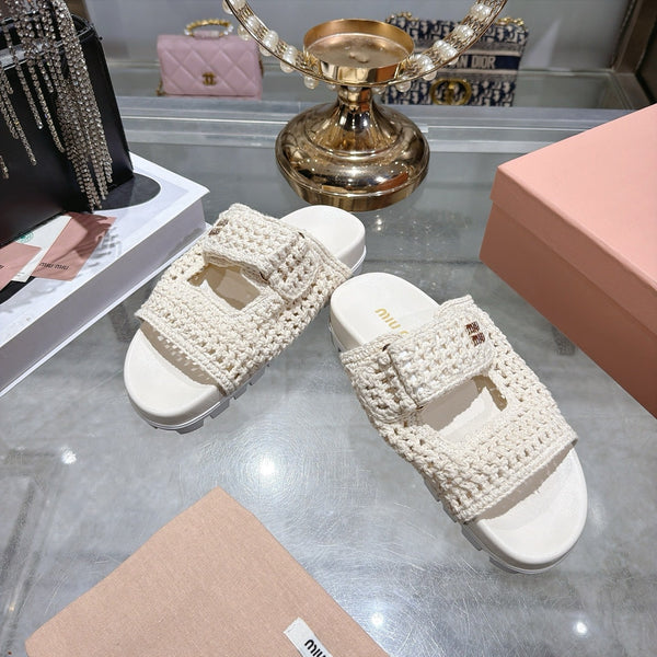 Miu Crochet Sandals Cream Woven 751363