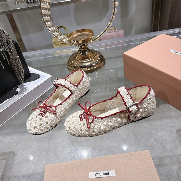 Miu Crochet Ballerinas Cream Red Wool Leather 901741
