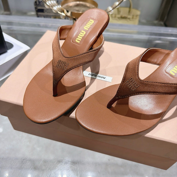 Miu 26s Thong Sandal 6.5cm Brown Satin Leather 951526