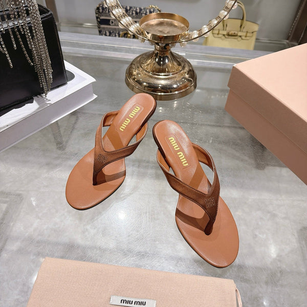 Miu 26s Thong Sandal 6.5cm Brown Satin Leather 951526