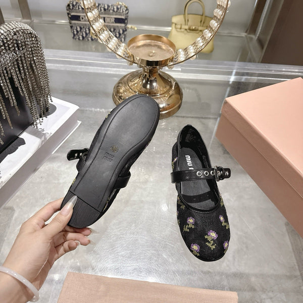 Miu 26s Embroidered Ballerinas Black Mesh 951510