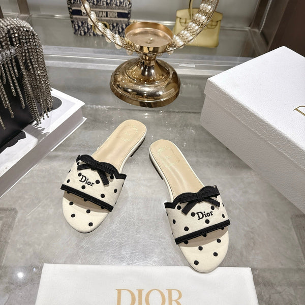 CD Dway Flat Sandal PolkaDior Cream Motif Cotton Leather 951363