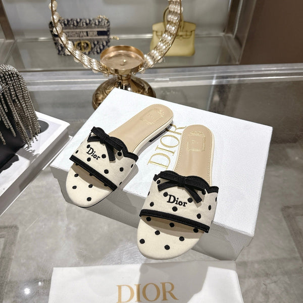 CD Dway Flat Sandal PolkaDior Cream Motif Cotton Leather 951363