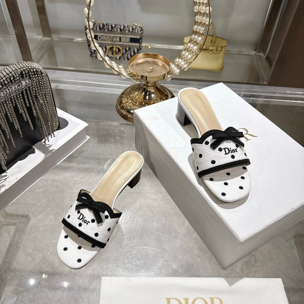 CD Dway Sandal 3.5cm Polka Dior White Motif Cotton Leather 951358